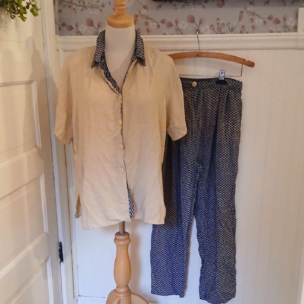 Vintage 80s 90s Y2k Blue and Cream Pants Shirt Set